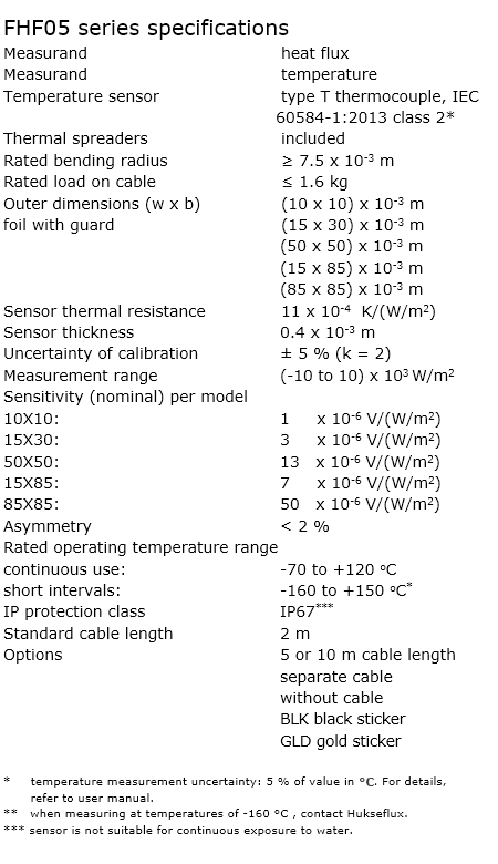 FHF05 heat flux sensors specifications